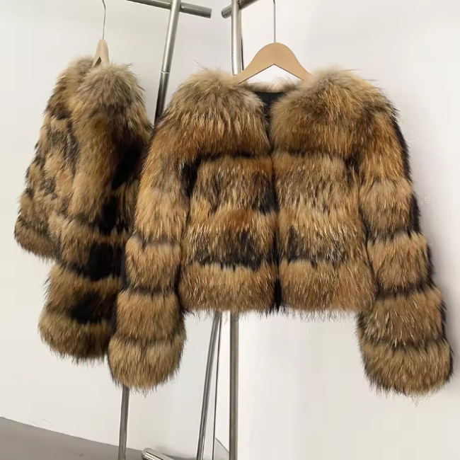 Raccoon fur winter fur coat splice faux fur coat