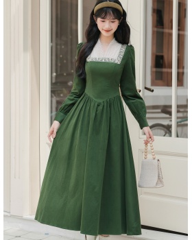Elegant corduroy square collar retro temperament green dress