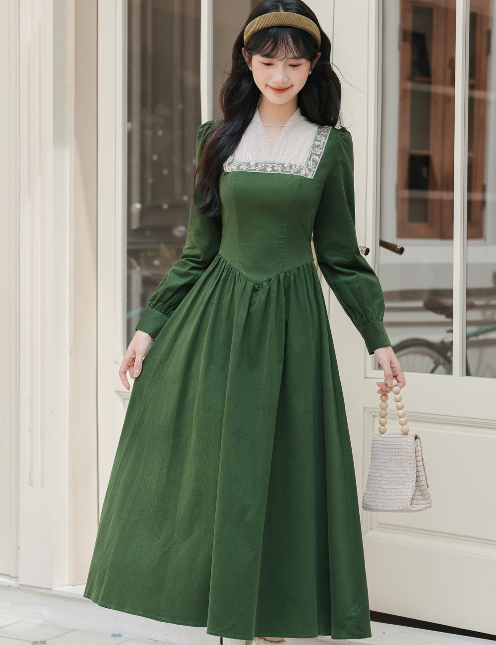 Elegant corduroy square collar retro temperament green dress