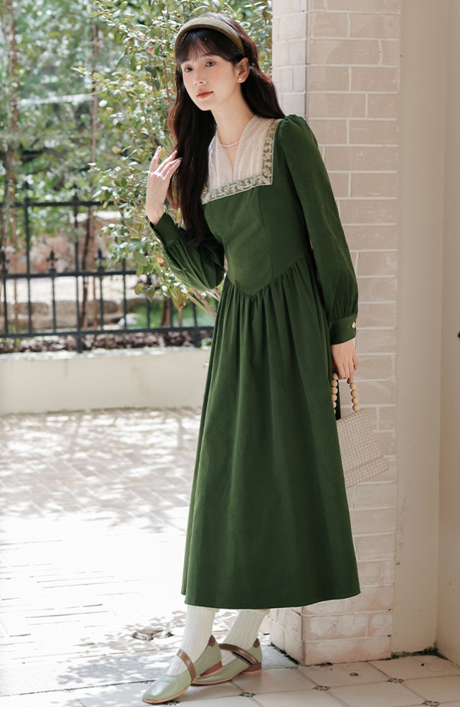 Elegant corduroy square collar retro temperament green dress