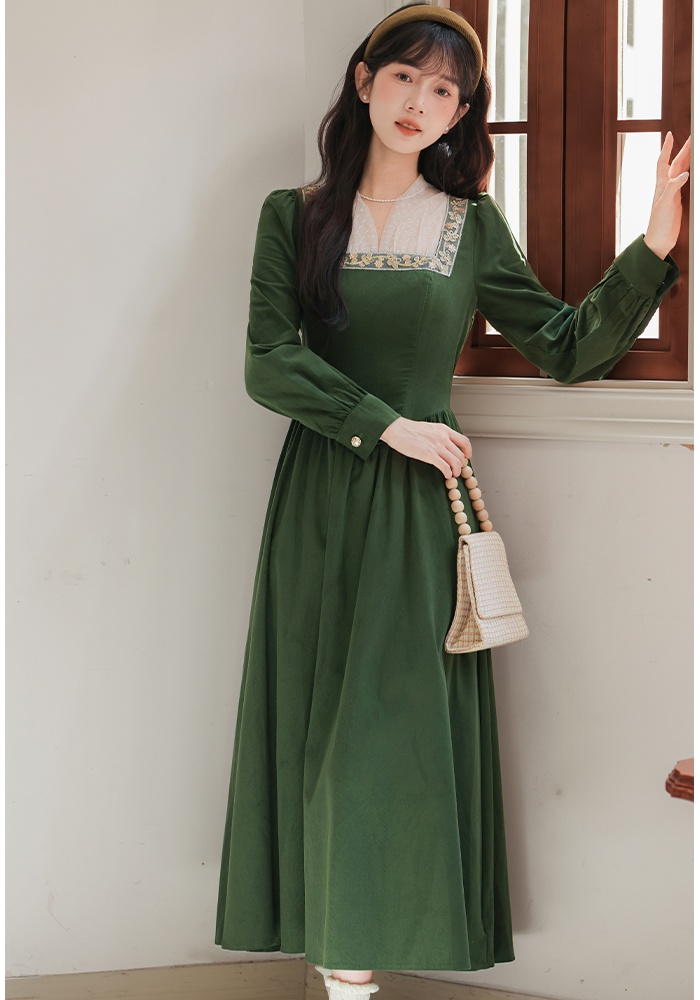 Elegant corduroy square collar retro temperament green dress