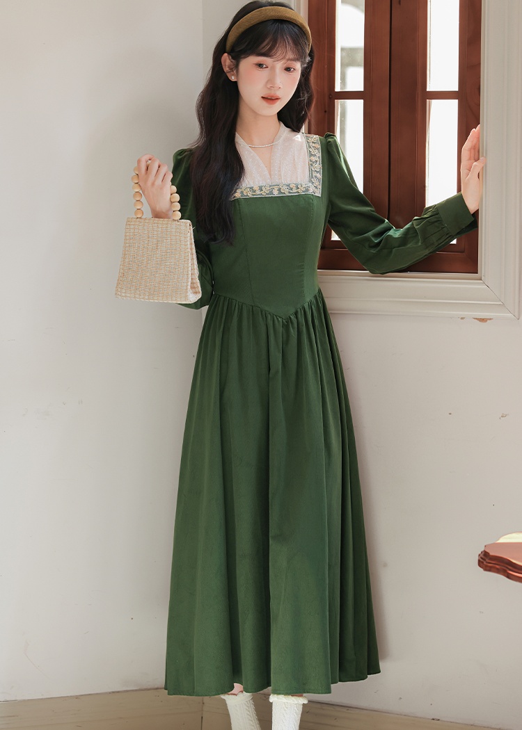 Elegant corduroy square collar retro temperament green dress