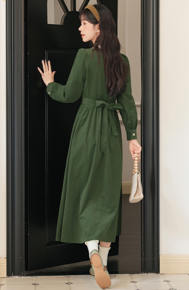 Elegant corduroy square collar retro temperament green dress