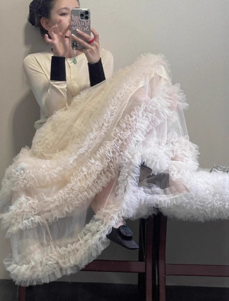 Lady gauze cake skirt simple splice long skirt