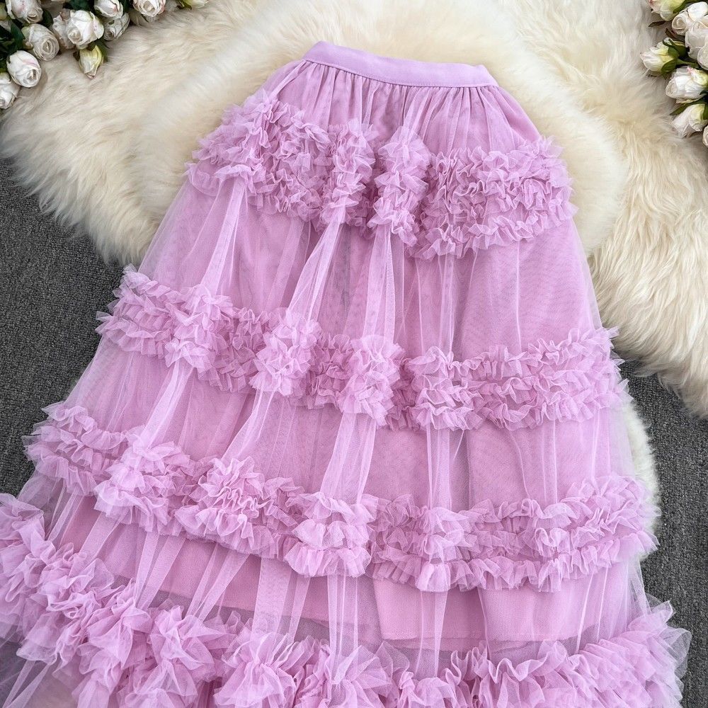 Lady gauze cake skirt simple splice long skirt