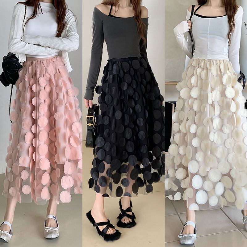 Polka dot Hepburn style stereoscopic long black skirt