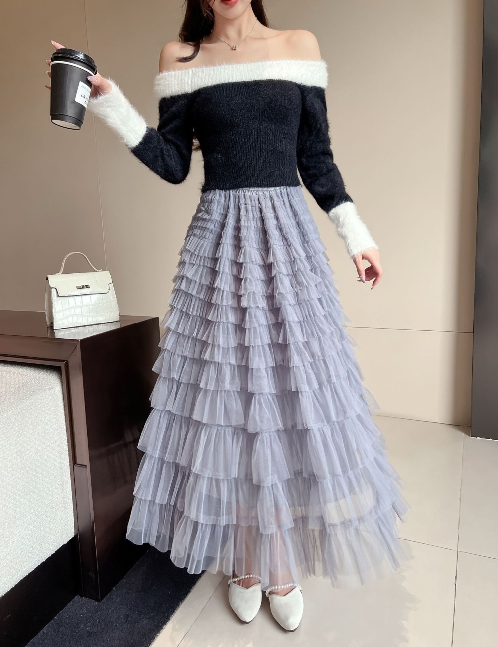 Spring and summer splice skirt cake gauze long skirt
