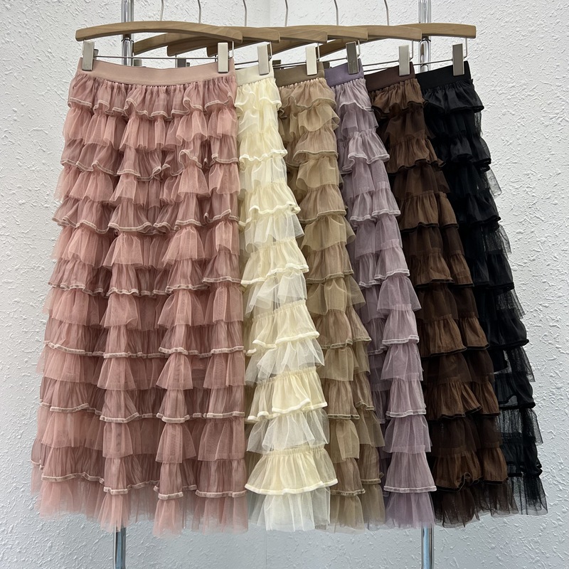 Gauze slim long skirt Korean style cake skirt for women