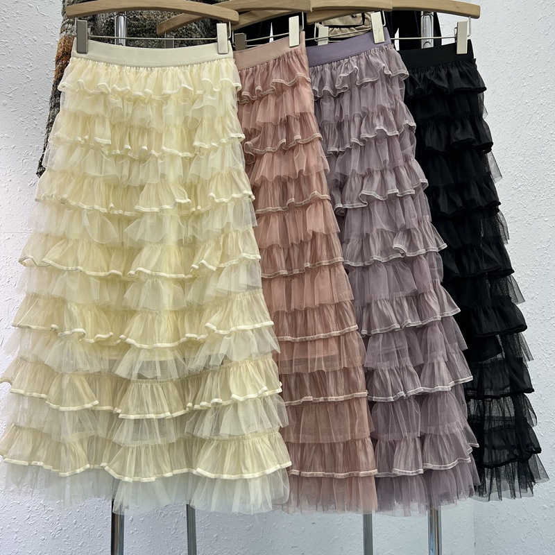Gauze slim long skirt Korean style cake skirt for women