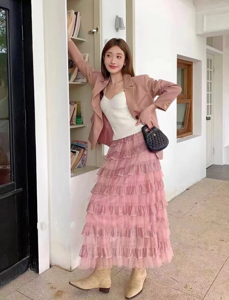 Gauze slim long skirt Korean style cake skirt for women