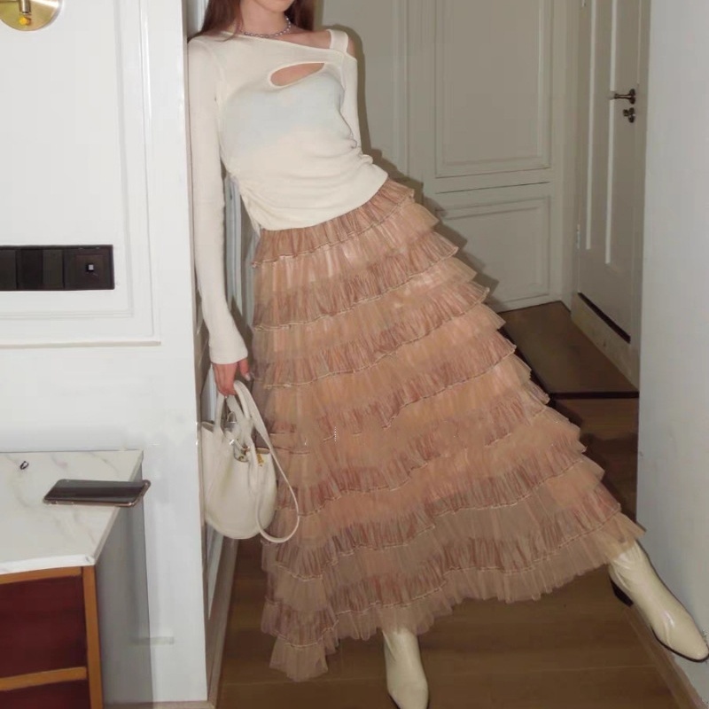 Gauze slim long skirt Korean style cake skirt for women