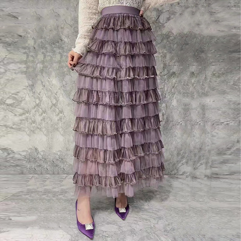 Gauze slim long skirt Korean style cake skirt for women