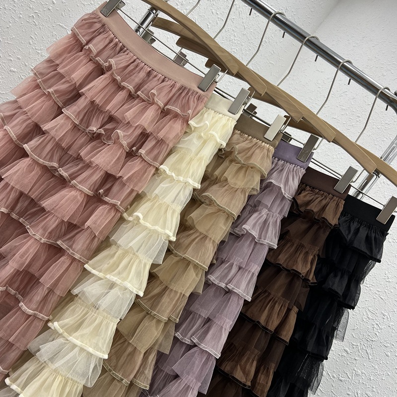 Gauze slim long skirt Korean style cake skirt for women