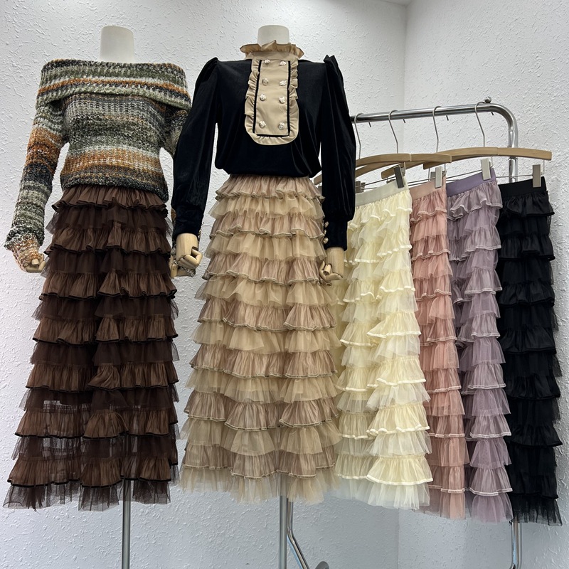Gauze slim long skirt Korean style cake skirt for women