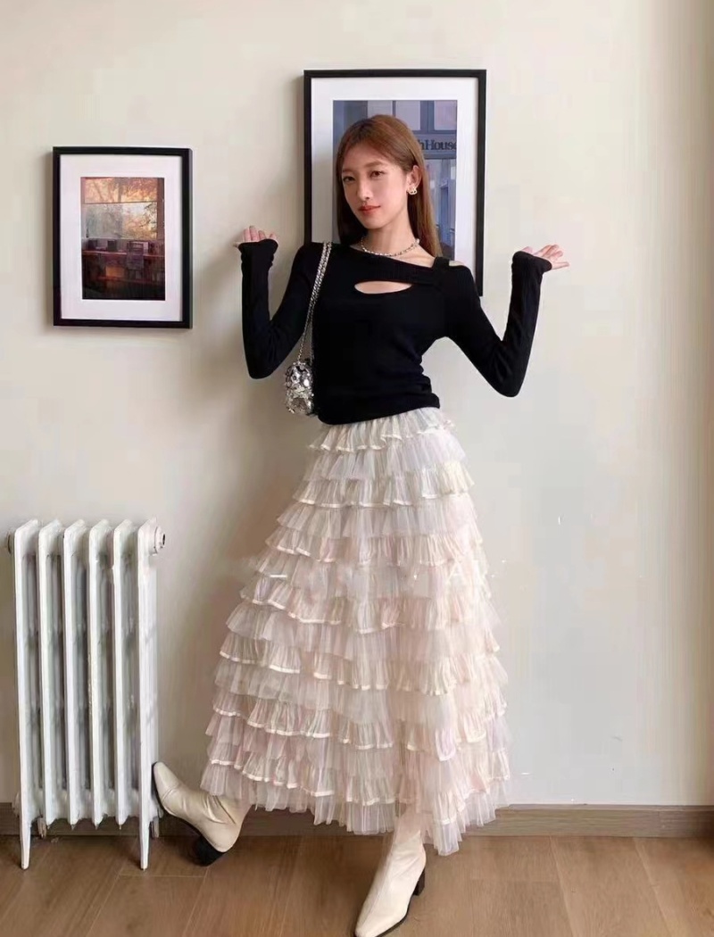 Gauze slim long skirt Korean style cake skirt for women
