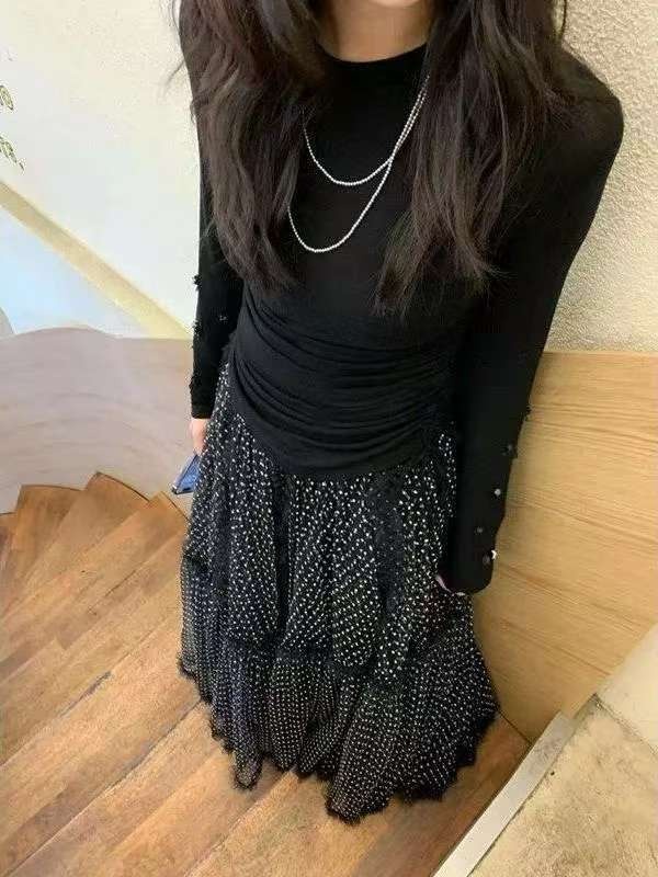 Blue splice lady long skirt ballet slim puff skirt for women