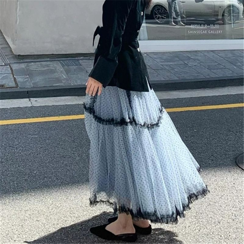 Blue splice lady long skirt ballet slim puff skirt for women