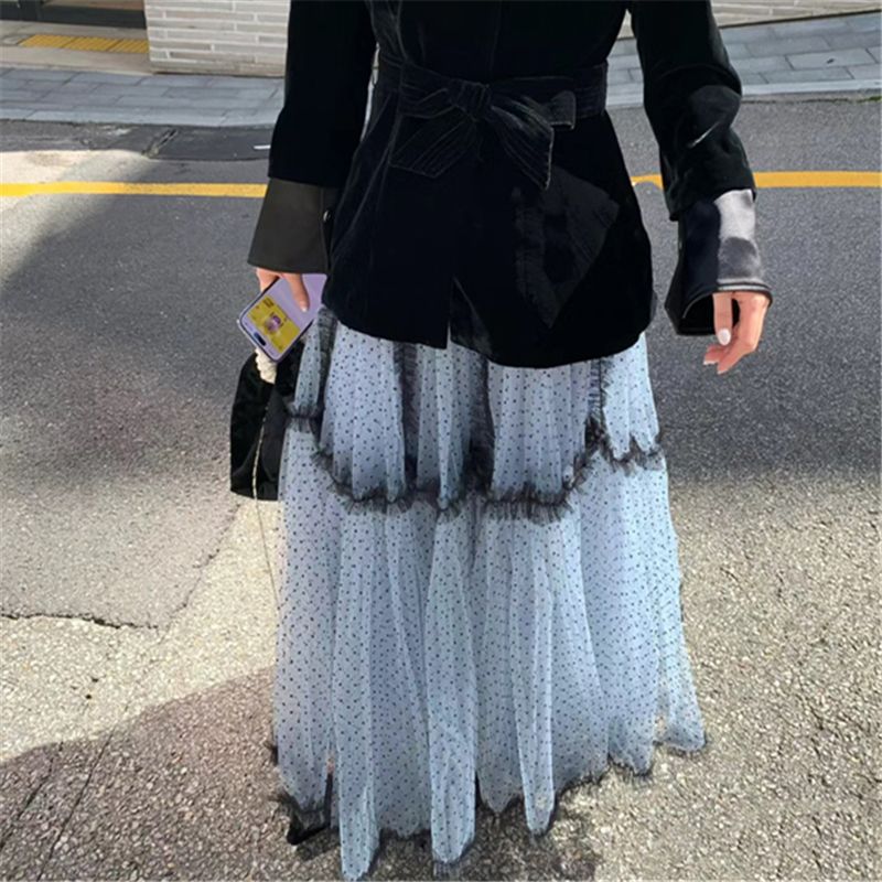 Blue splice lady long skirt ballet slim puff skirt for women