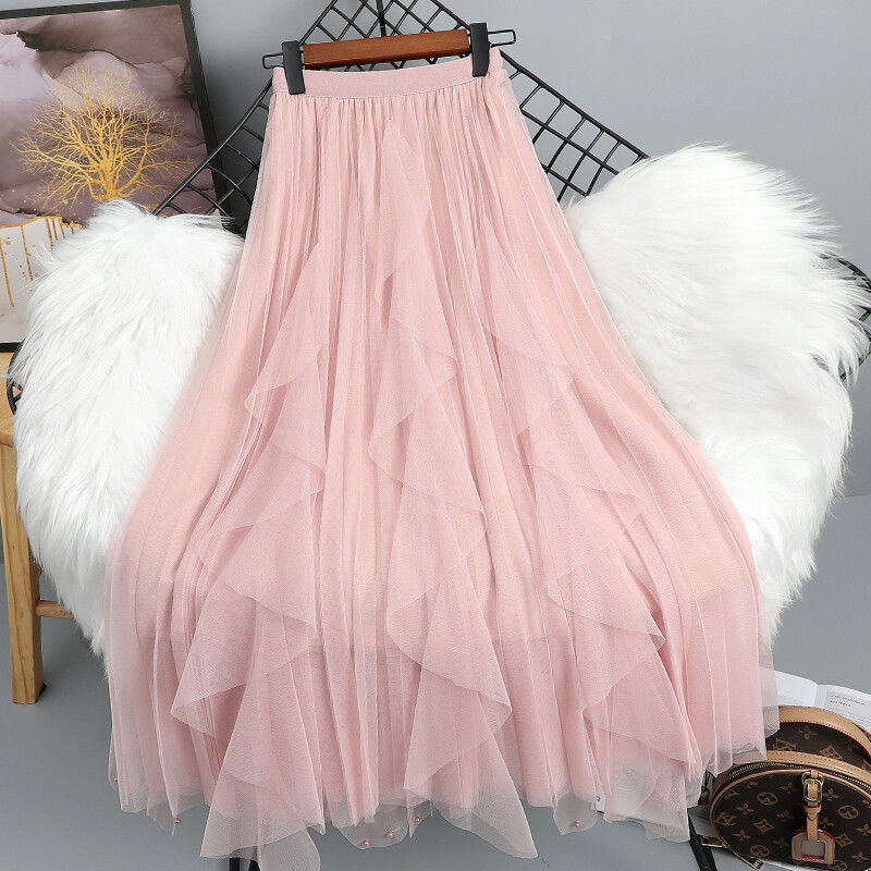 Beading gauze irregular long splice skirt for women