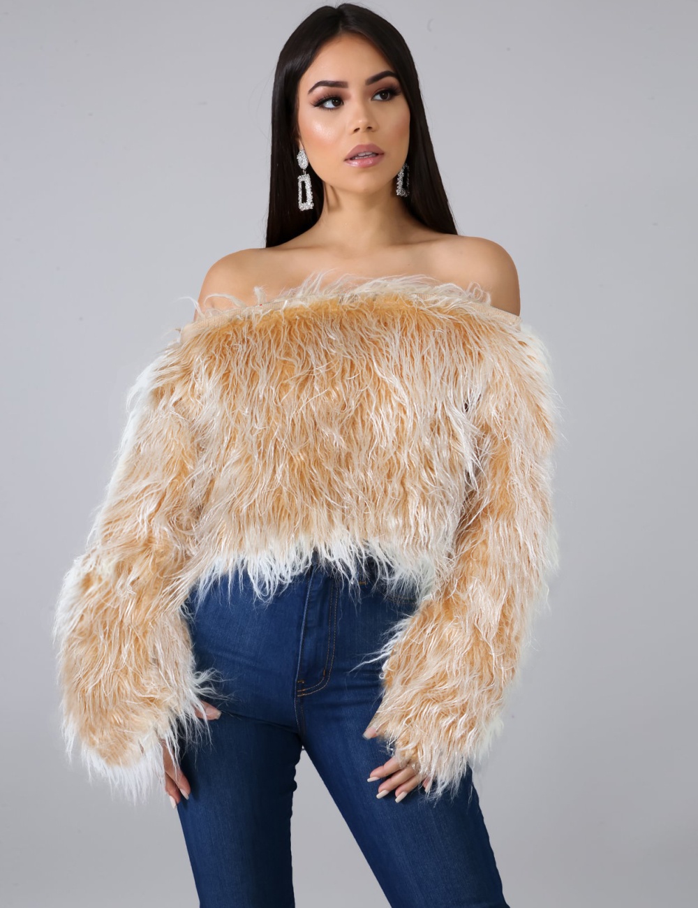 European style tops flat shoulder fur coat for women