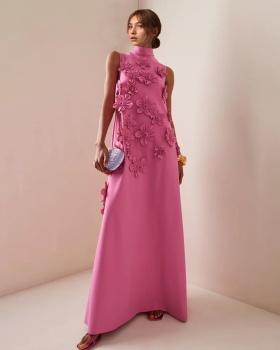 Elegant sleeveless cstand collar long dress long stitching dress