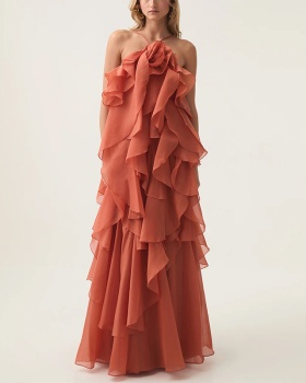 Halter lotus leaf edges dress long splice long dress