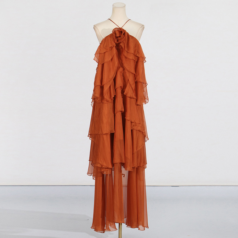 Halter lotus leaf edges dress long splice long dress