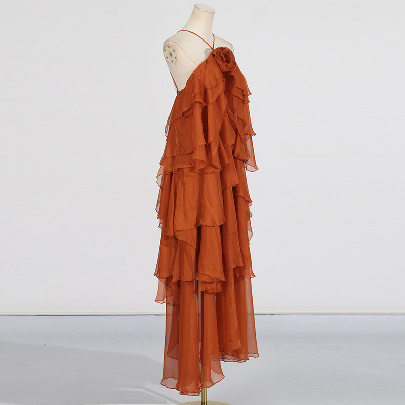 Halter lotus leaf edges dress long splice long dress