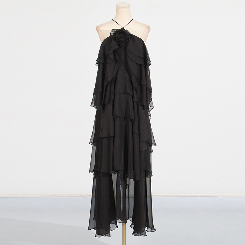 Halter lotus leaf edges dress long splice long dress