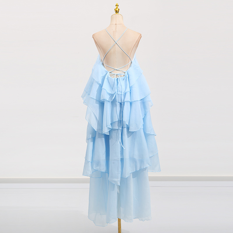 Halter lotus leaf edges dress long splice long dress