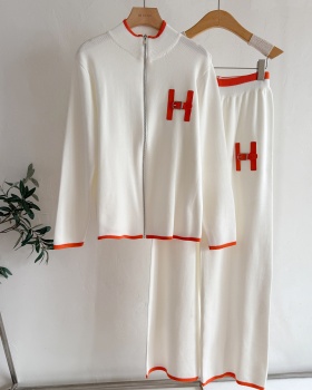 Round neck knitwear Casual zip knitted fashion tops 2pcs set