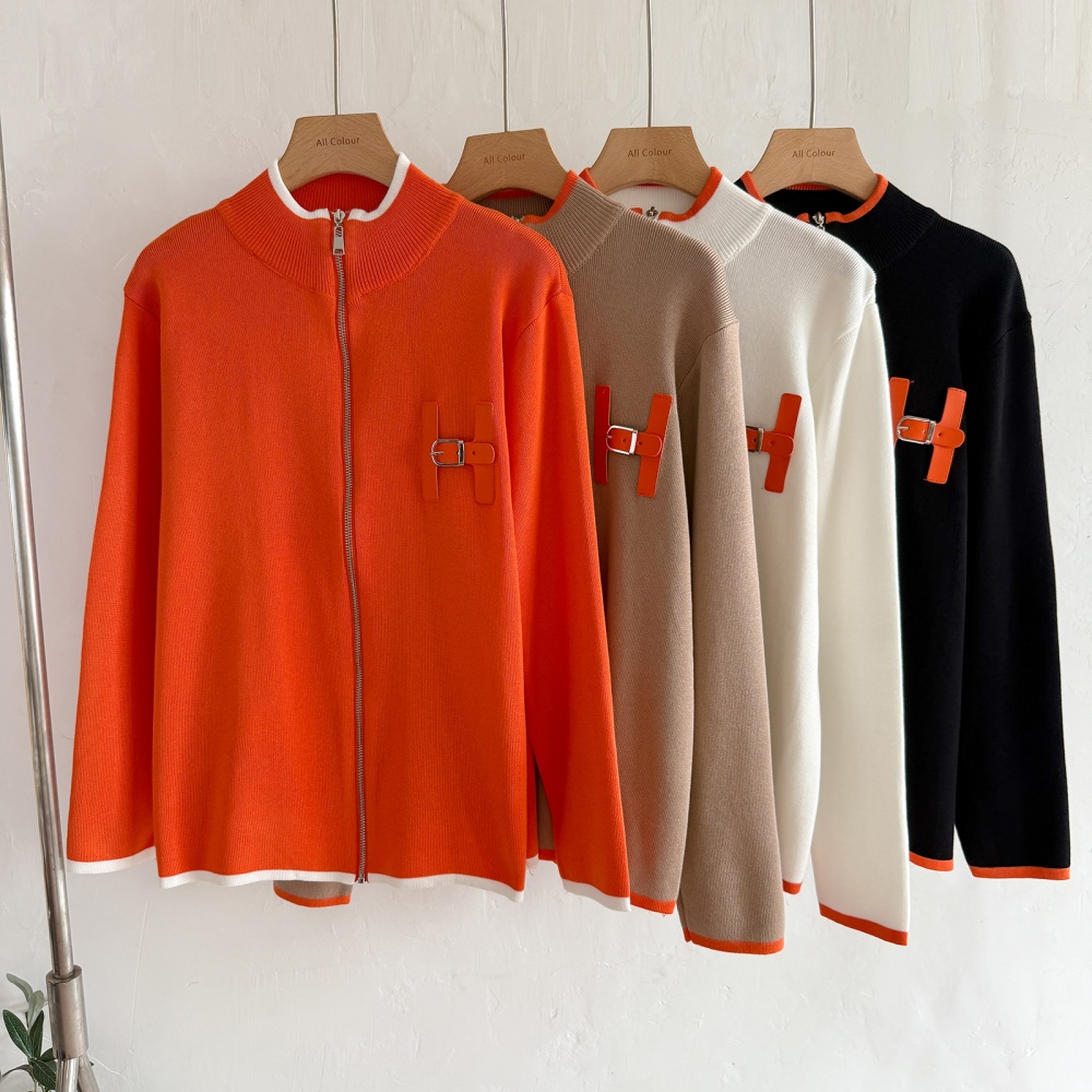 Round neck knitwear Casual zip knitted fashion tops 2pcs set