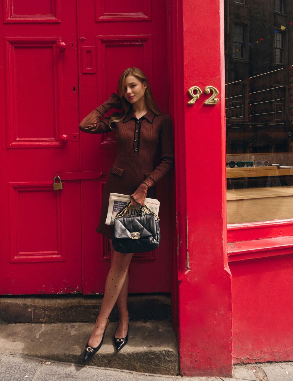 Buckle knitted European style dress for women