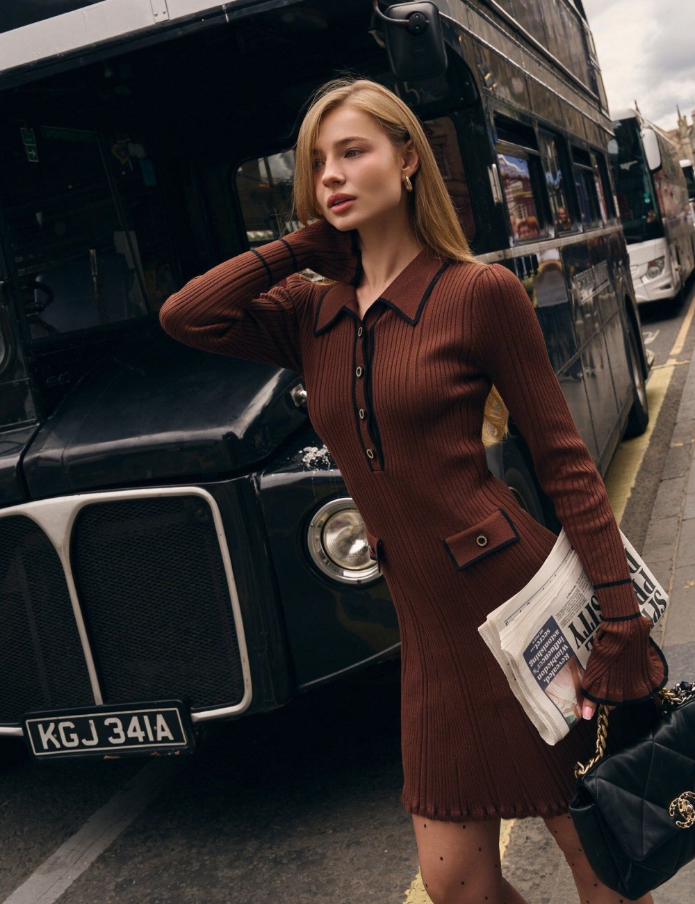 Buckle knitted European style dress for women