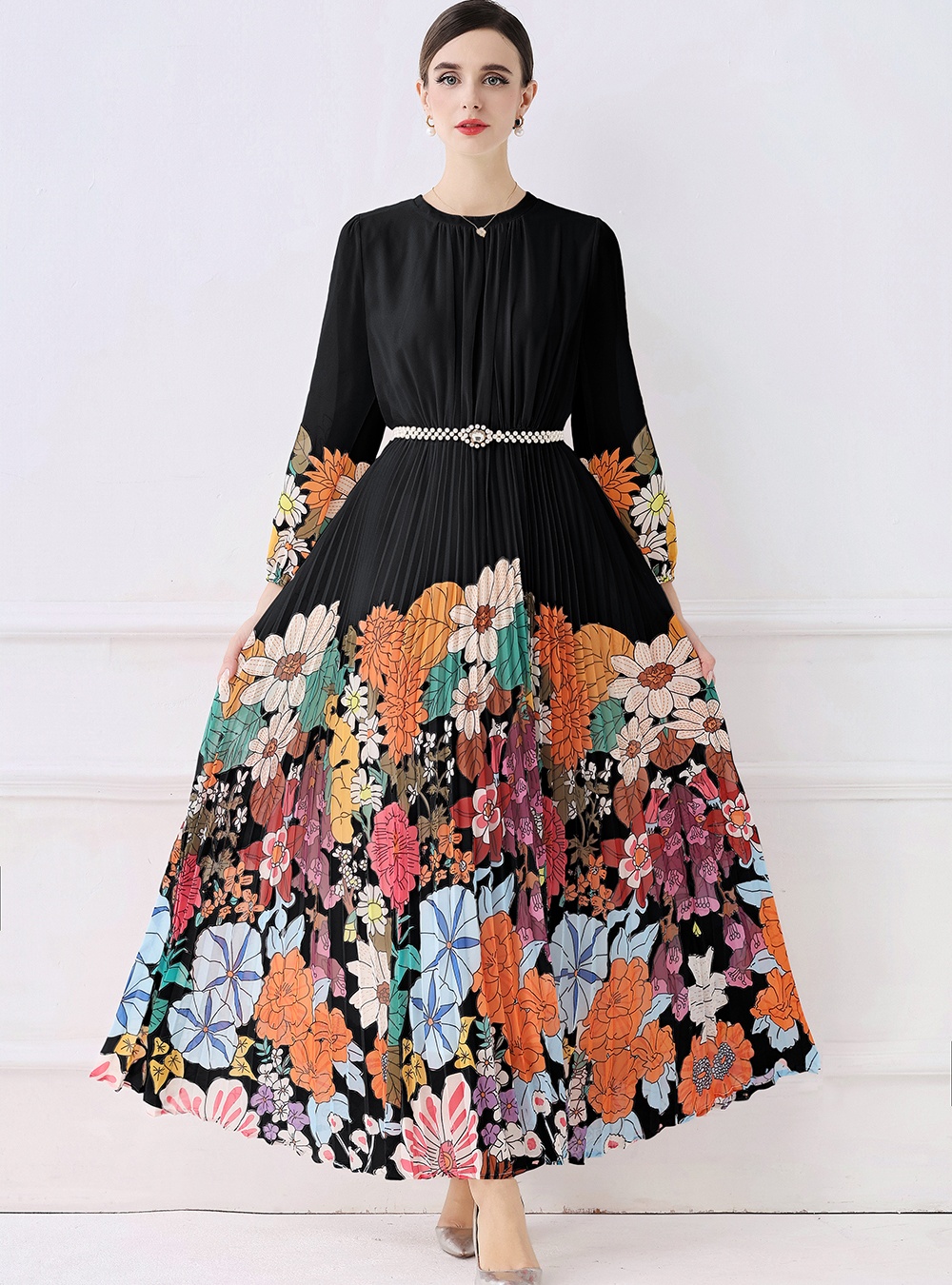 Big skirt European style fold printing fashion long dress