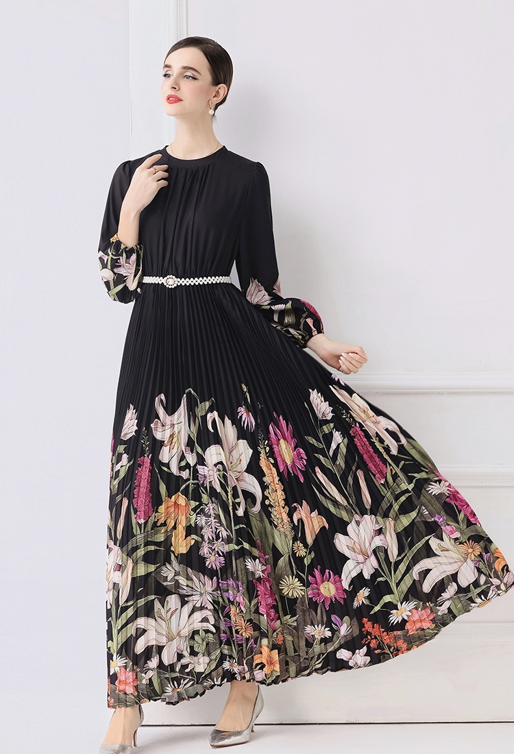 Fold big skirt long European style printing fashion dress