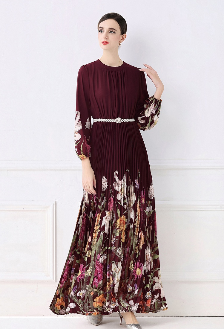 Fold big skirt long European style printing fashion dress