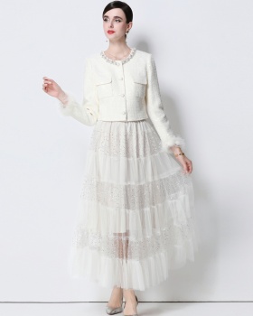Temperament rhinestone coat chanelstyle long skirt 2pcs set