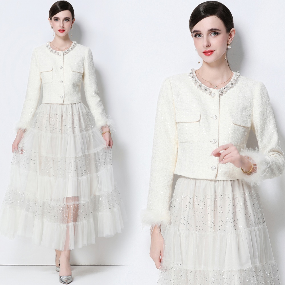 Temperament rhinestone coat chanelstyle long skirt 2pcs set