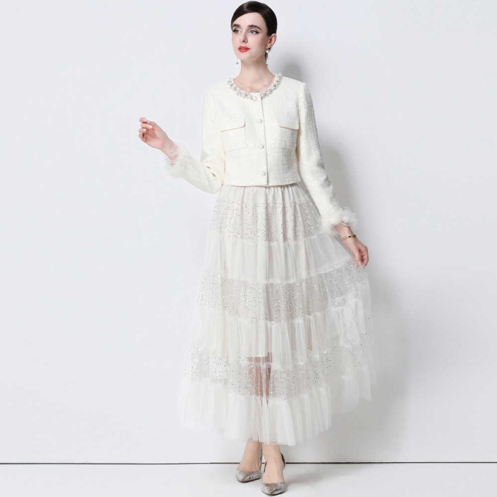 Temperament rhinestone coat chanelstyle long skirt 2pcs set