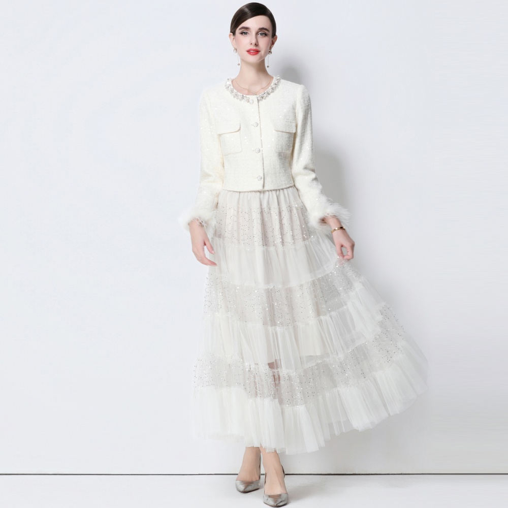 Temperament rhinestone coat chanelstyle long skirt 2pcs set