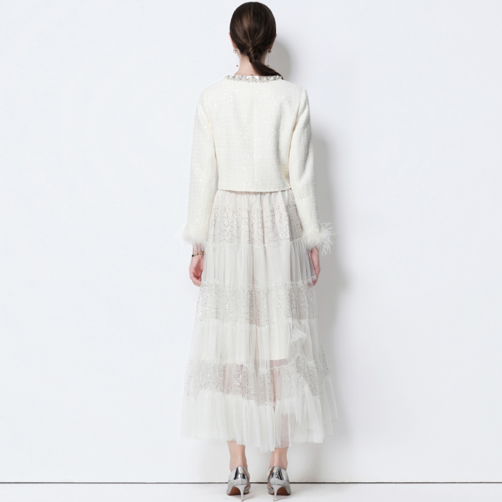 Temperament rhinestone coat chanelstyle long skirt 2pcs set