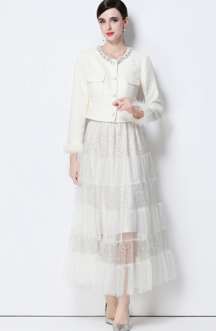 Temperament rhinestone coat chanelstyle long skirt 2pcs set