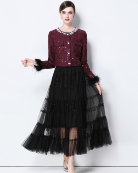 Elegant long skirt pinched waist coat 2pcs set