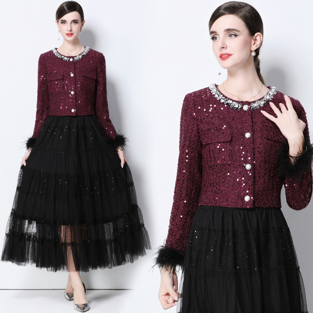 Elegant long skirt pinched waist coat 2pcs set