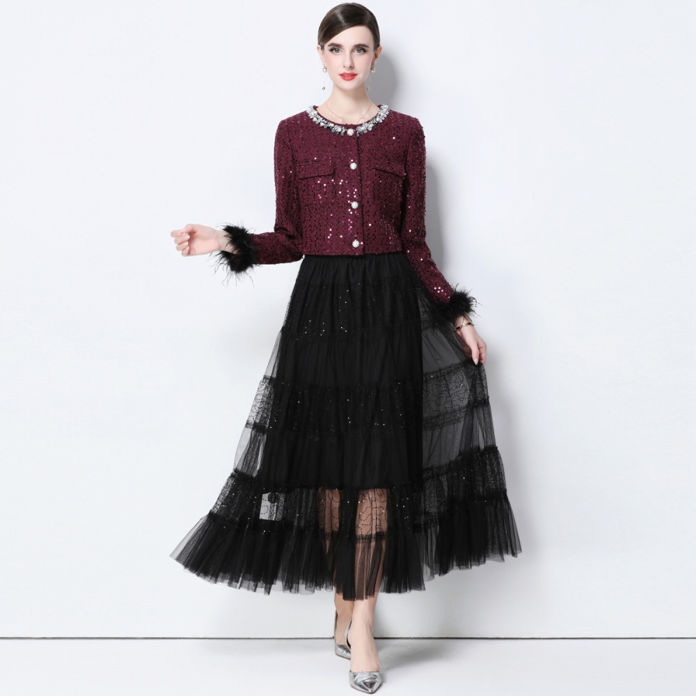 Elegant long skirt pinched waist coat 2pcs set