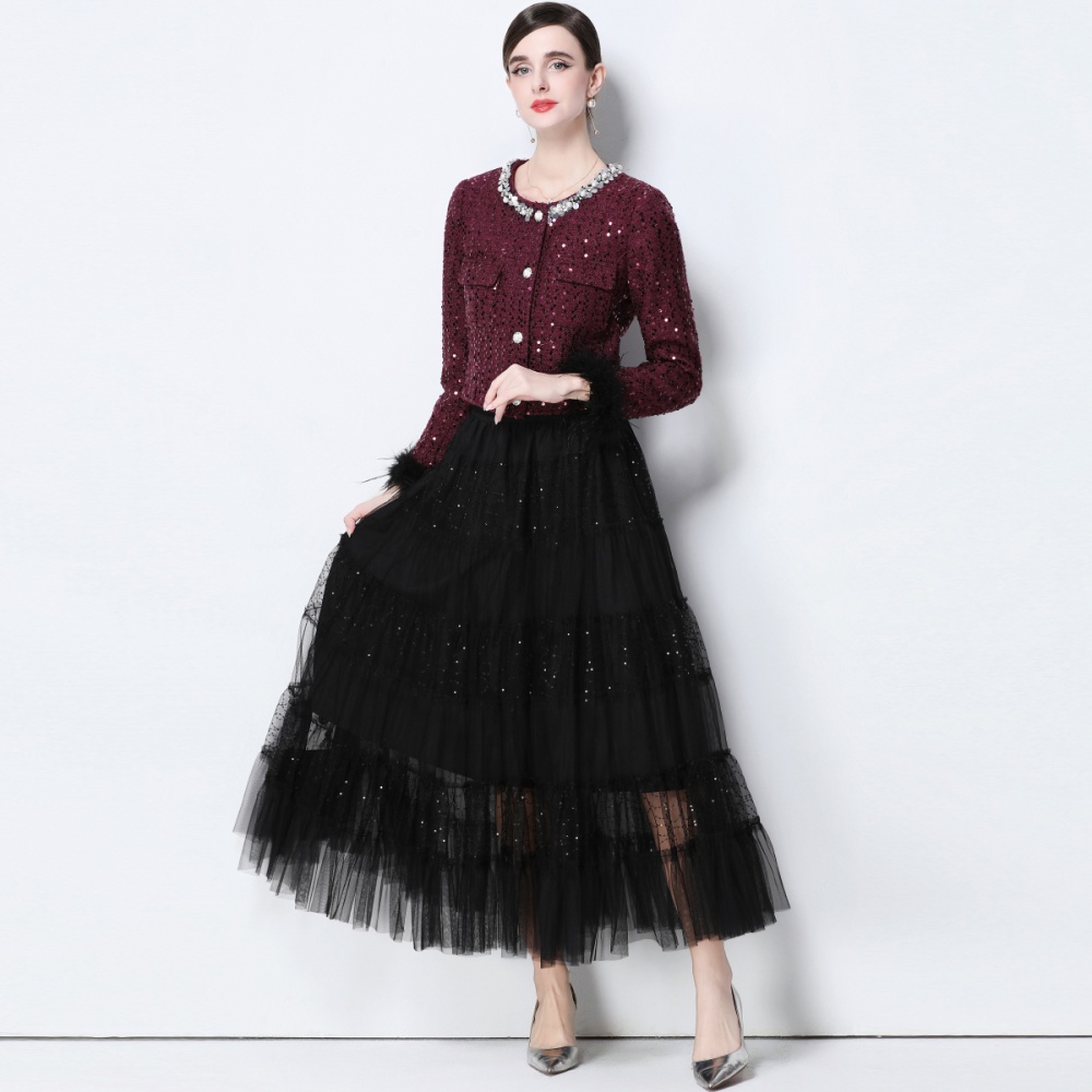 Elegant long skirt pinched waist coat 2pcs set