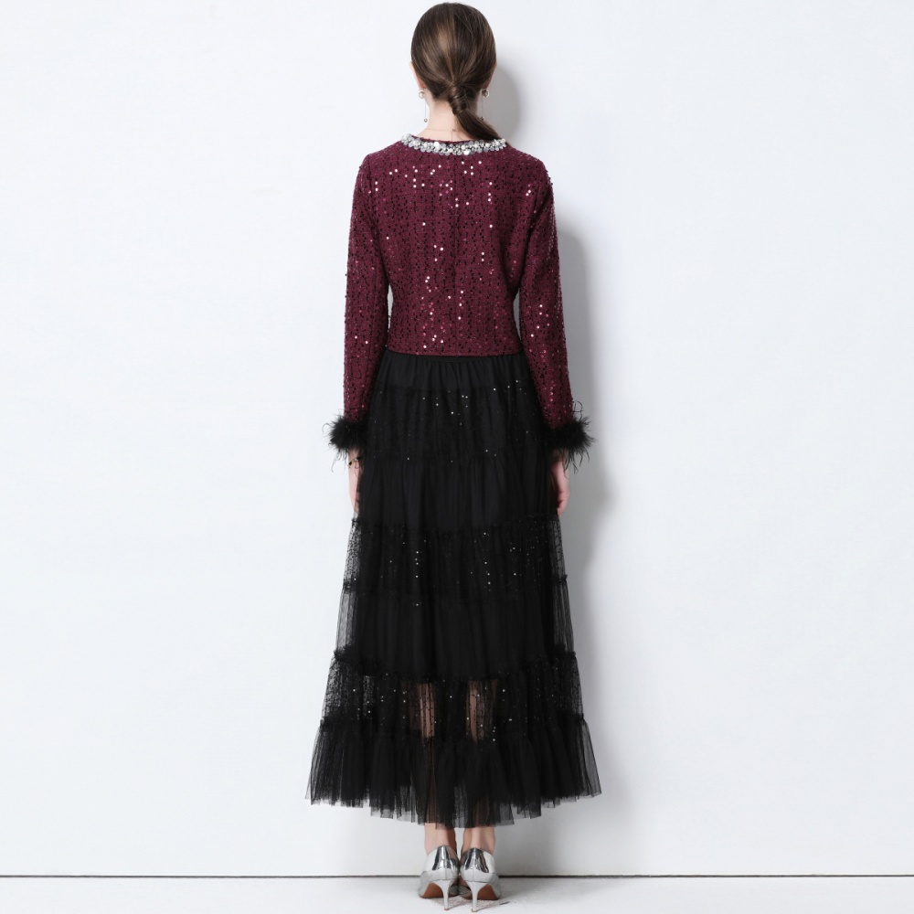 Elegant long skirt pinched waist coat 2pcs set