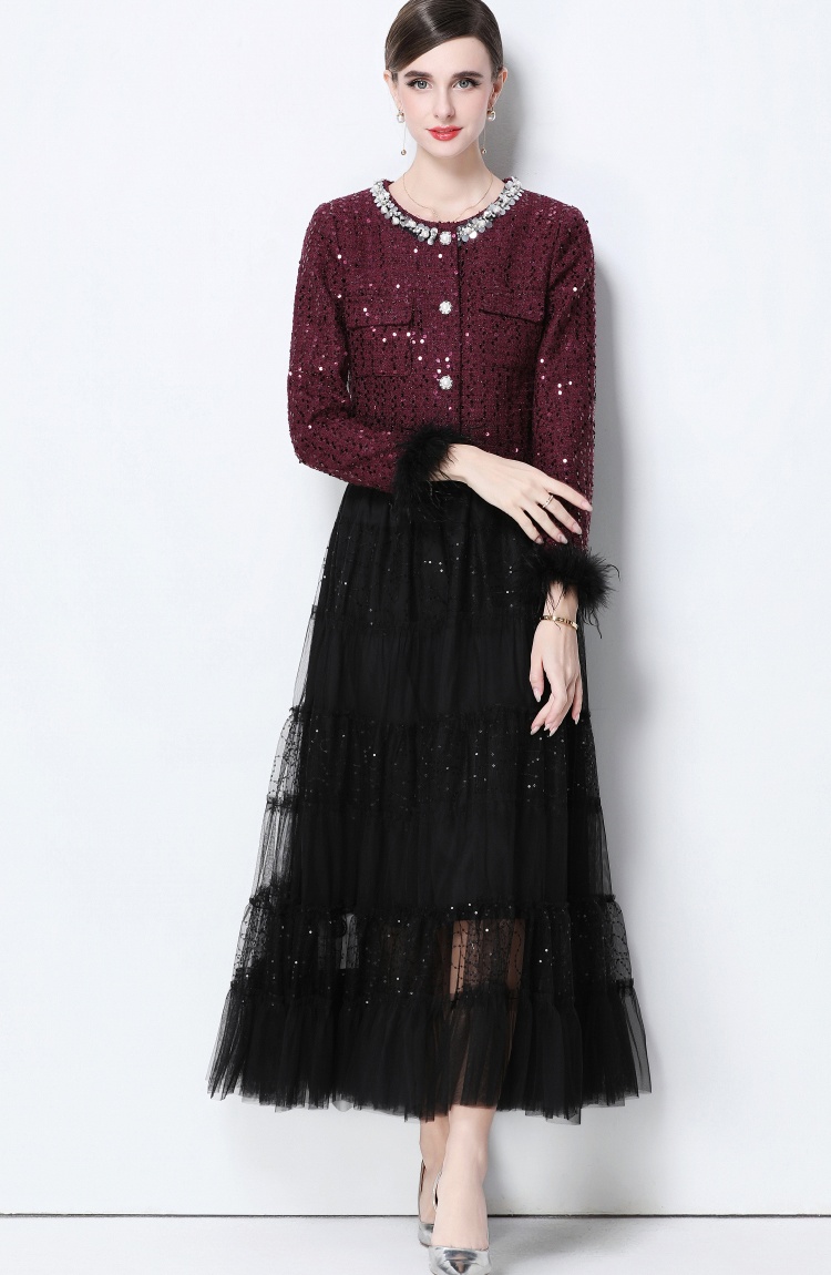 Elegant long skirt pinched waist coat 2pcs set