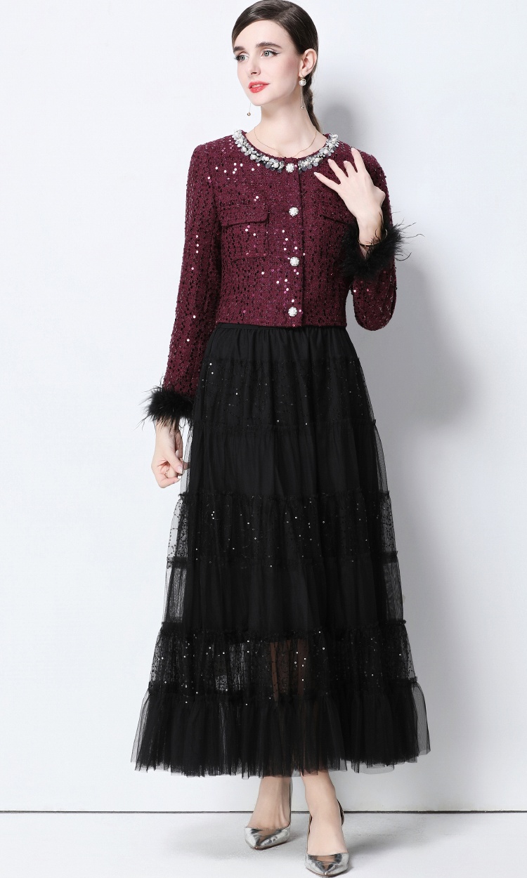 Elegant long skirt pinched waist coat 2pcs set
